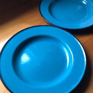 Turquoise Enamel Vintage Metal Plates Set of 2